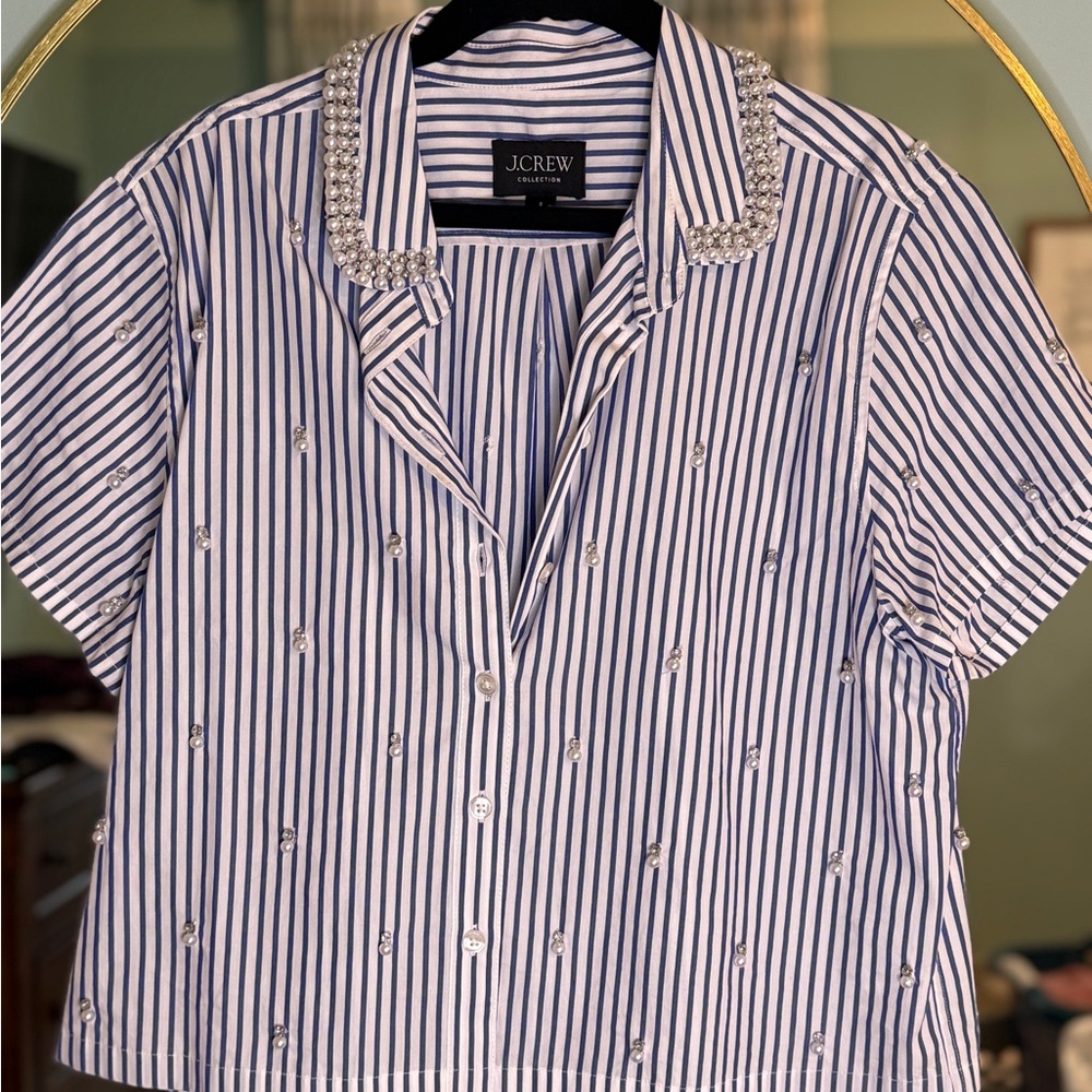 J.Crew Blue and White Striped Embellished Shirt